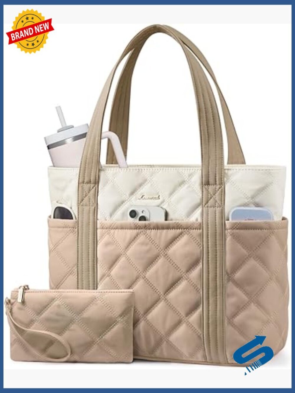 Puffer Tote Bag with Cup Holder, 15.6" Laptop, Work & Travel, Nylon